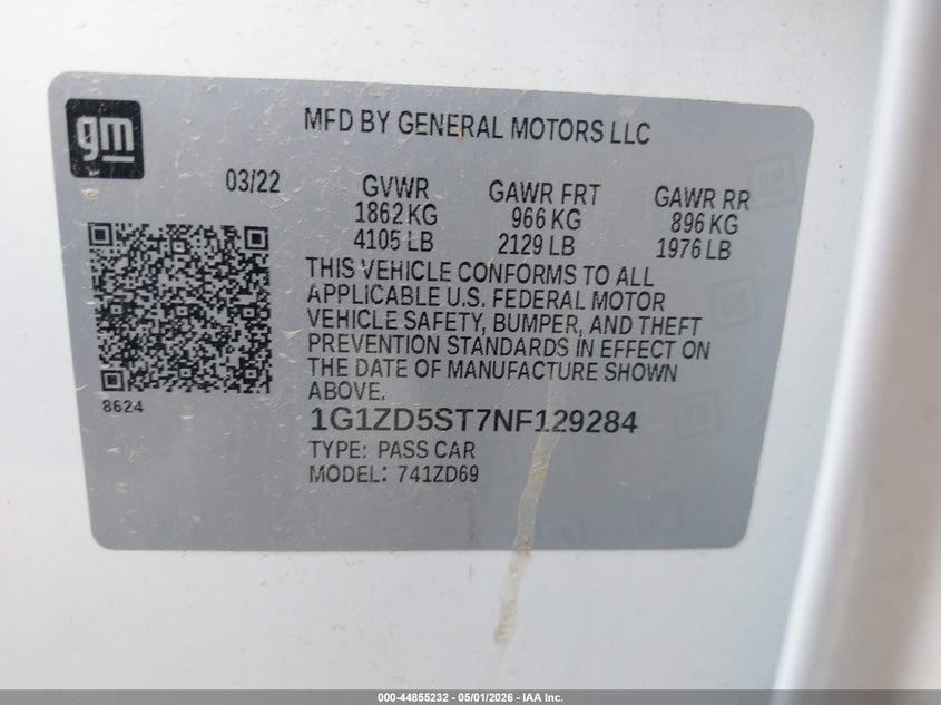 2022 Chevrolet Malibu VIN 1G1ZD5ST7NF129284 IAAI salvage auction — RIGHT SIDE, Original (Texas), sold $2,950 on 2026-08-27 (photo 9)