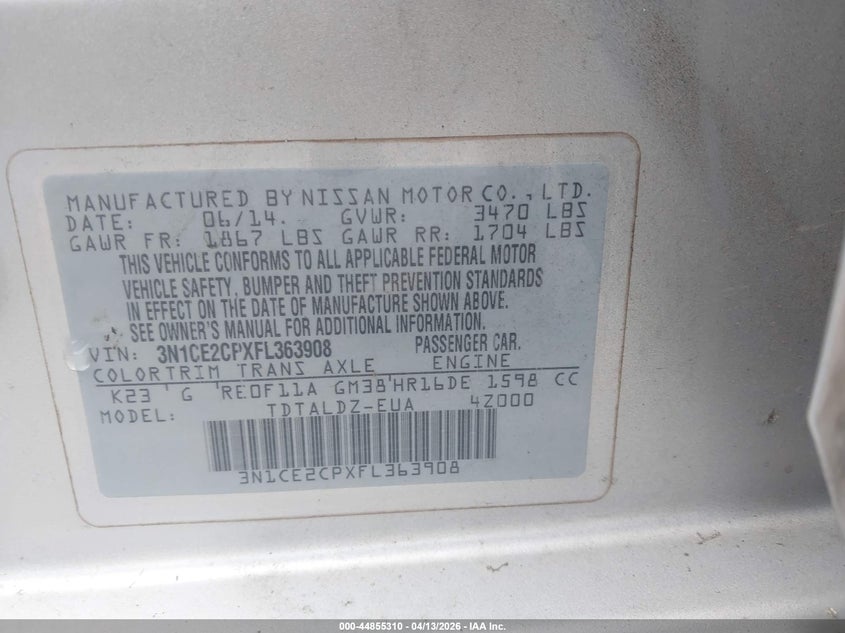 2015 Nissan Versa note VIN 3N1CE2CPXFL363908 IAAI salvage auction — LEFT SIDE, Clear (Arkansas), sold $400 on 2026-07-08 (photo 9)