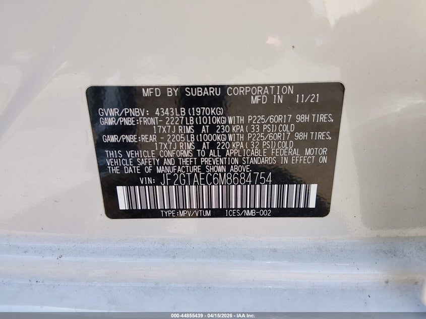 2021 Subaru Xv VIN JF2GTAEC6M8684754 IAAI salvage auction — RIGHT SIDE, Salvage (South Carolina), sold $4,350 on 2026-07-22 (photo 9)