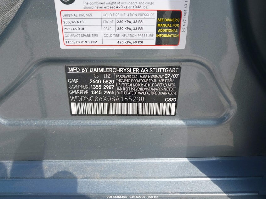 2008 Mercedes-benz S-klasse VIN WDDNG86X08A165238 IAAI salvage auction — FRONT END, Clear (Missouri), sold $700 on 2026-07-14 (photo 9)