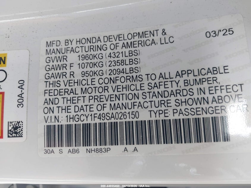 2025 Honda Accord VIN 1HGCY1F49SA026150 IAAI salvage auction — UNKNOWN, Wait Title, sold $12,800 on 2026-07-05 (photo 9)