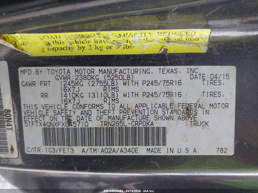 2015 Toyota Tacoma VIN 5TFTX4GNXFX045710 IAAI salvage auction — LEFT & RIGHT, Clear (Oklahoma), sold $2,950 on 2026-07-14 (photo 9)