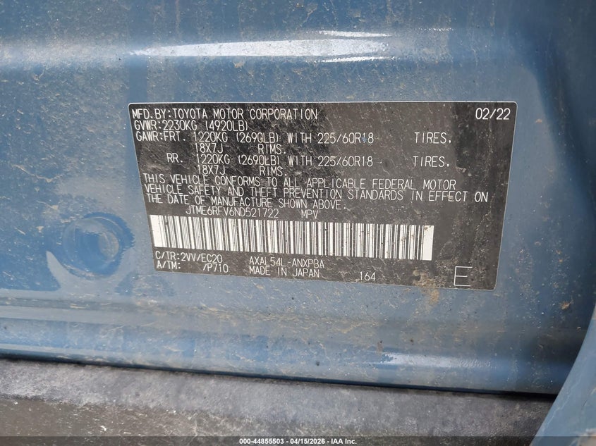 2022 Toyota Rav 4 VIN JTME6RFV6ND521722 IAAI salvage auction — LEFT SIDE, Wait Title, sold $4,700 on 2026-07-24 (photo 9)