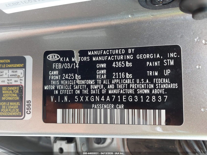 2014 Kia Optima VIN 5XXGN4A71EG312837 IAAI salvage auction — UNKNOWN, Clear (Missouri), sold $375 on 2026-07-21 (photo 9)