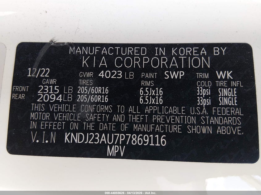 2023 Kia Soul VIN KNDJ23AU7P7869116 IAAI salvage auction — FRONT END, Salvage Title, sold $1,050 on 2026-07-10 (photo 9)