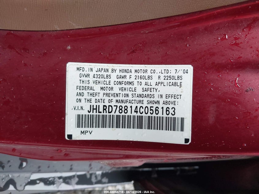 2004 Honda Cr-v VIN JHLRD78814C056163 IAAI salvage auction — REAR END, Bill Of Sale (Washington), sold $525 on 2026-07-22 (photo 9)