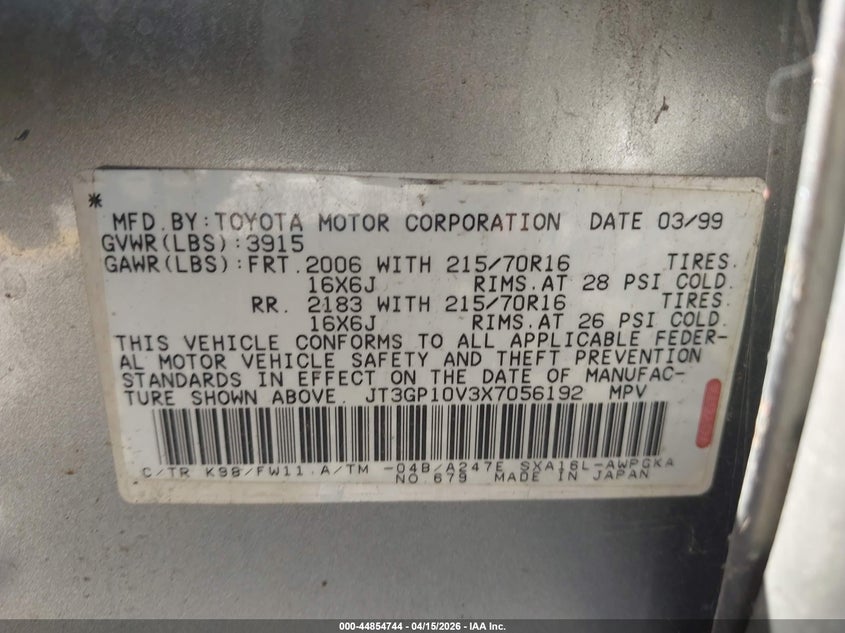 1999 Toyota Rav4 VIN JT3GP10V3X7056192 IAAI salvage auction — LEFT REAR, Salvage (Idaho), sold $300 on 2026-07-28 (photo 9)