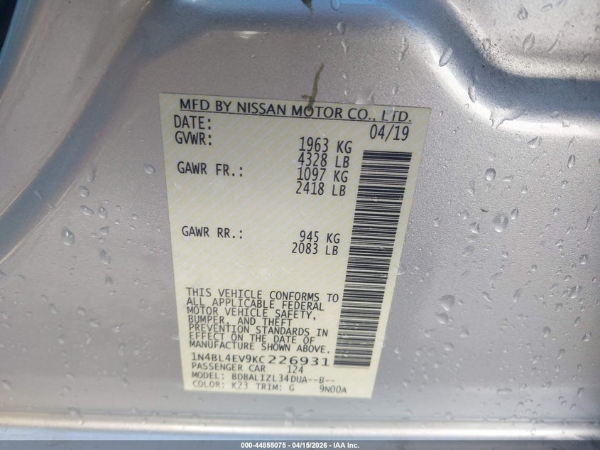 2019 Nissan Altima VIN 1N4BL4EV9KC226931 IAAI salvage auction — FRONT END, Salvage Title, sold $3,000 on 2026-07-19 (photo 9)