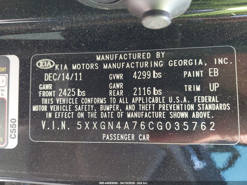 2012 Kia Optima VIN 5XXGN4A76CG035762 IAAI salvage auction — LEFT SIDE, Wait Title, sold $625 on 2026-07-23 (photo 9)