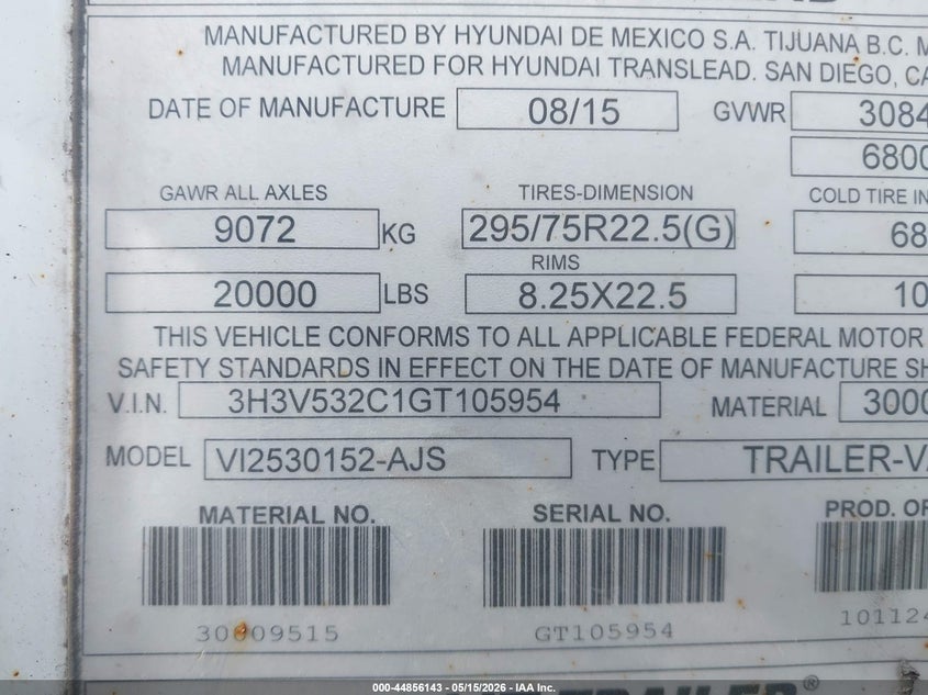 2016 Hyundai translead inc Unknown VIN 3H3V532C1GT105954 IAAI salvage auction — UNKNOWN, Original (West Virginia), sold $3,125 on 2026-07-09 (photo 9)