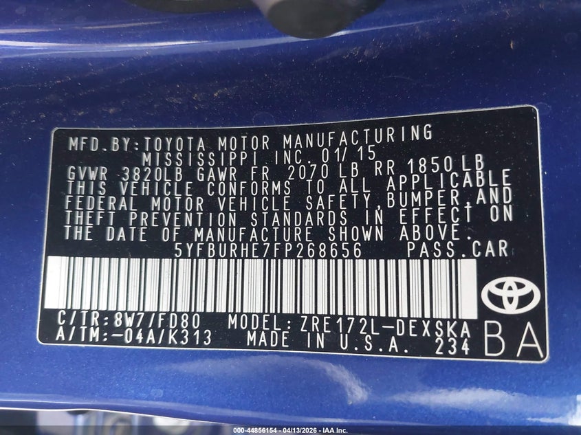 2015 Toyota Corolla VIN 5YFBURHE7FP268656 IAAI salvage auction — RIGHT FRONT, Wait Title, sold $2,225 on 2026-07-07 (photo 9)