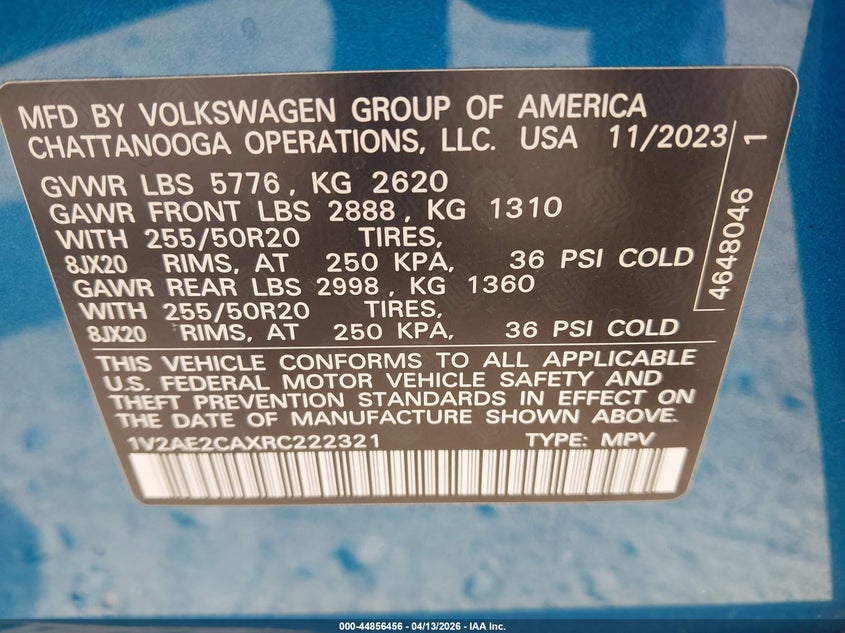 2024 Volkswagen Atlas cross sport VIN 1V2AE2CAXRC222321 IAAI salvage auction — FRONT & REAR, Wait Title, sold $7,900 on 2026-07-23 (photo 9)