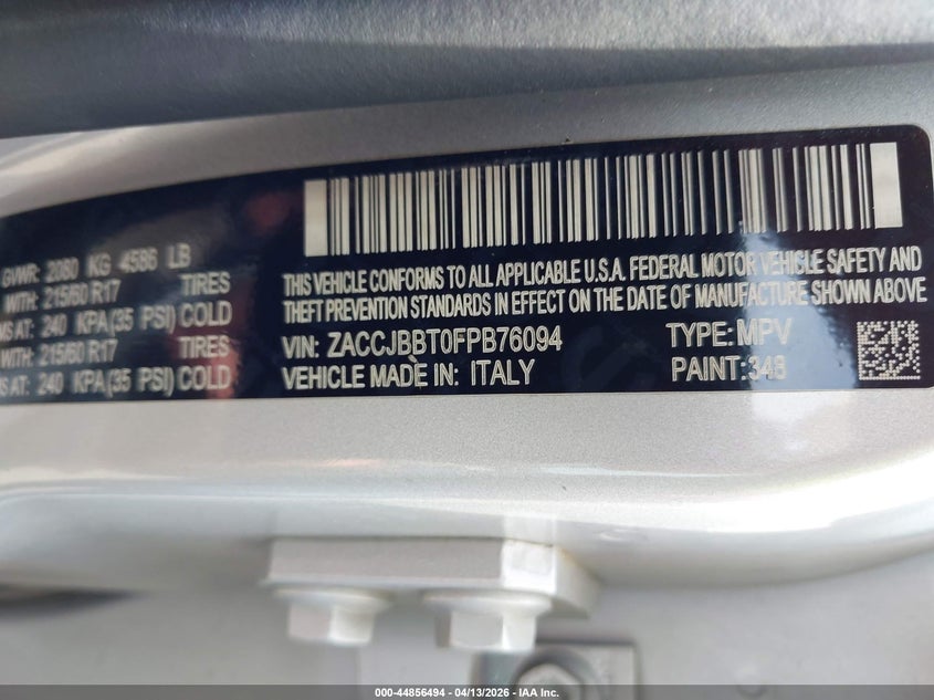 2015 Jeep Renegade VIN ZACCJBBT0FPB76094 IAAI salvage auction — FRONT END, Prior Salvage (Minnesota), sold $1,700 on 2026-07-29 (photo 9)