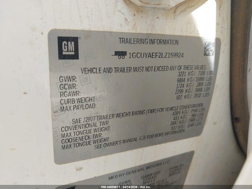 2020 Chevrolet Silverado 1500 VIN 1GCUYAEF2LZ159924 IAAI salvage auction — NORMAL WEAR, Clear (North Carolina), sold $8,650 on 2026-07-29 (photo 9)