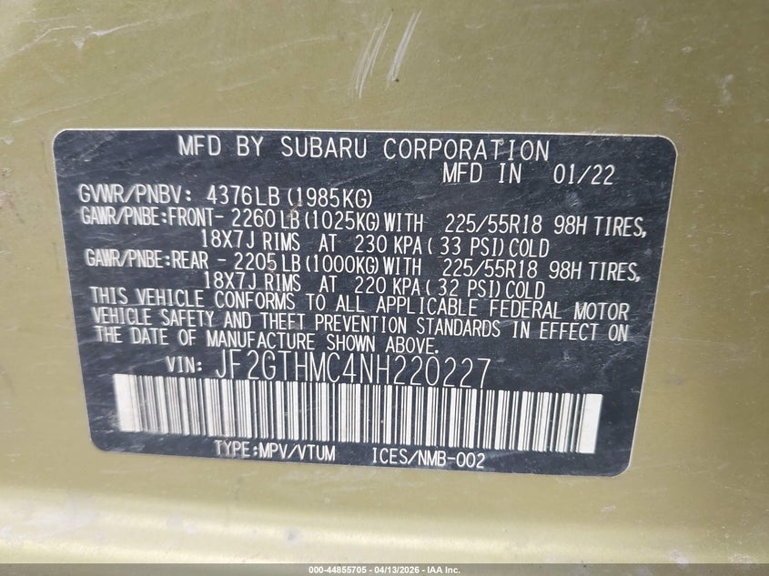 2022 Subaru Xv VIN JF2GTHMC4NH220227 IAAI salvage auction — WATER/FLOOD, Wait Title, sold $4,850 on 2026-07-15 (photo 9)