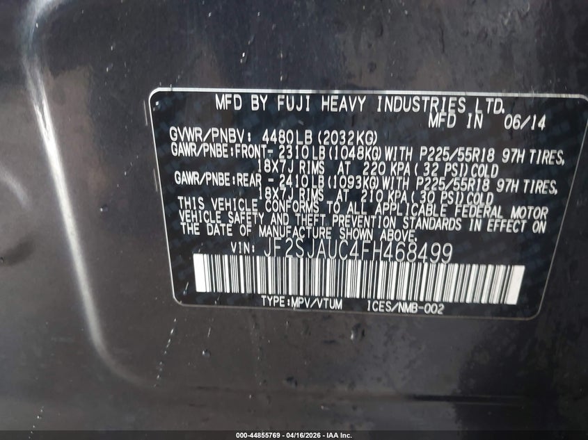 2015 Subaru Forester VIN JF2SJAUC4FH468499 IAAI salvage auction — FRONT END, Clear (Oklahoma), sold $75 on 2026-07-29 (photo 9)