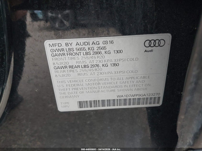 2016 Audi Q5 VIN WA1D7AFP9GA123270 IAAI salvage auction — RIGHT SIDE, Wait Title, sold $2,250 on 2026-07-20 (photo 9)