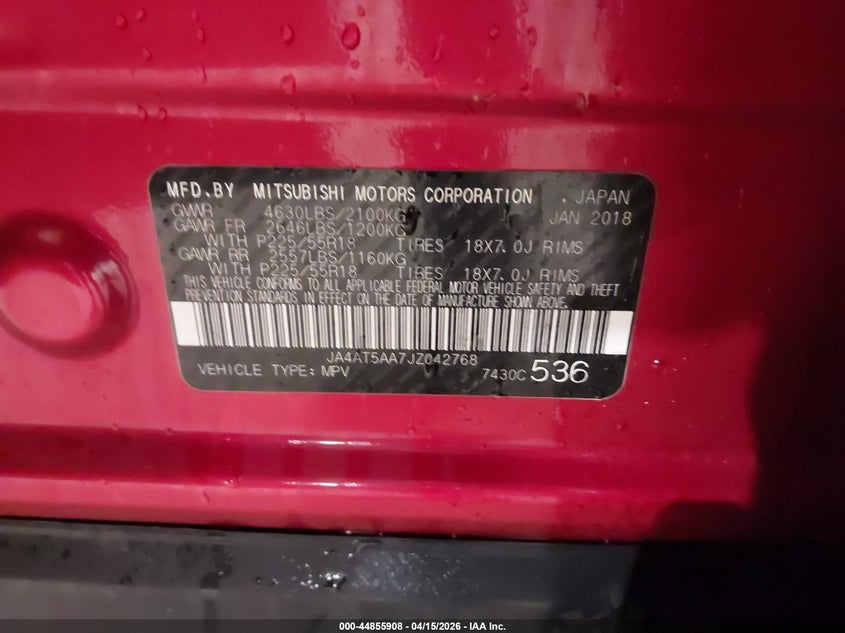2018 Mitsubishi Eclipse cross VIN JA4AT5AA7JZ042768 IAAI salvage auction — FRONT END, Salvage (Iowa), sold $25 on 2026-07-28 (photo 9)