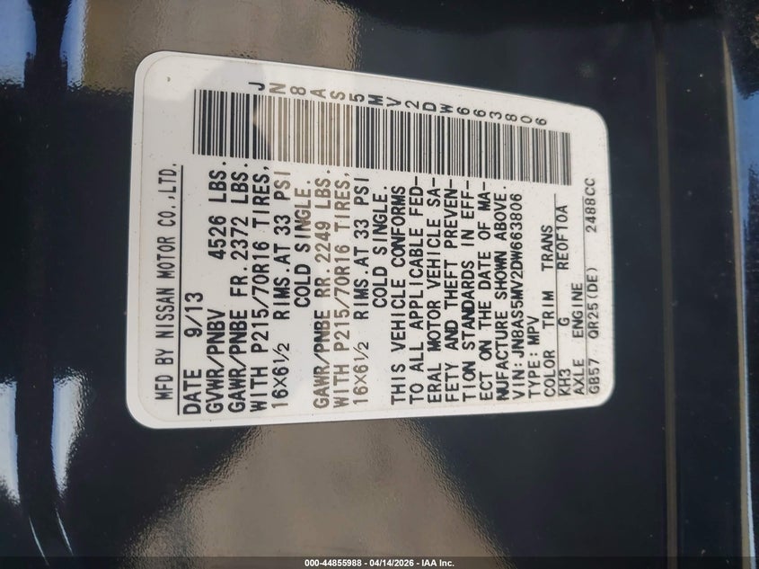 2013 Nissan Rogue VIN JN8AS5MV2DW663806 IAAI salvage auction — NORMAL WEAR, Wait Title, sold $450 on 2026-07-28 (photo 9)