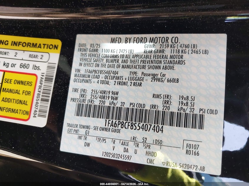 2025 Ford Mustang VIN 1FA6P8CF8S5407404 IAAI salvage auction — FRONT END, Wait Title, sold $18,900 on 2026-07-31 (photo 9)