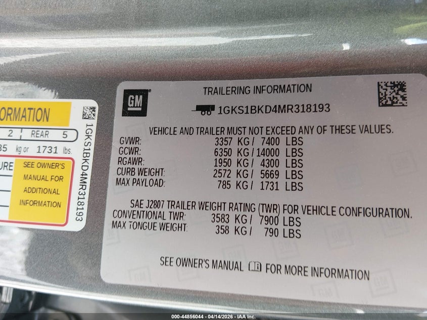 2021 Gmc Yukon VIN 1GKS1BKD4MR318193 IAAI salvage auction — SIDE, Salvage (Alabama), sold $9,500 on 2026-08-19 (photo 9)