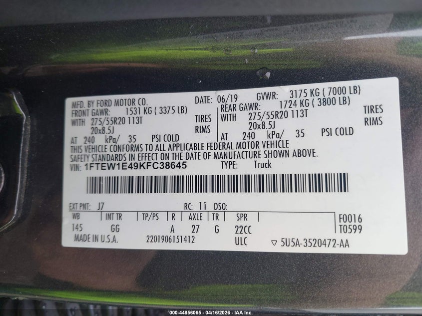 2019 Ford F-150 VIN 1FTEW1E49KFC38645 IAAI salvage auction — HAIL, Wait Title, sold $7,100 on 2026-07-30 (photo 9)