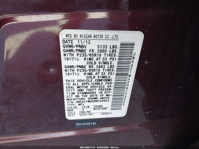 2013 Nissan Murano VIN JN8AZ1MUXDW204955 IAAI salvage auction — NORMAL WEAR, Clear (Minnesota), sold $975 on 2026-07-28 (photo 9)