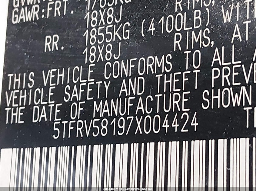 2007 Toyota Tundra VIN 5TFRV58197X004424 IAAI salvage auction — RIGHT SIDE, Salvage (Texas), sold $2,850 on 2026-07-17 (photo 9)