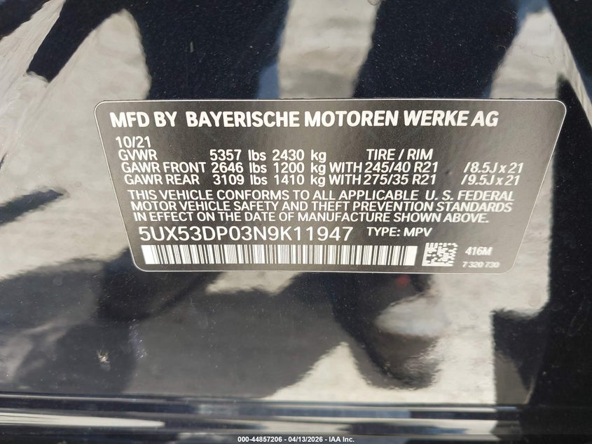 2022 BMW X3 VIN 5UX53DP03N9K11947 IAAI salvage auction — SIDE, Wait Title, sold $19,800 on 2026-07-10 (photo 9)