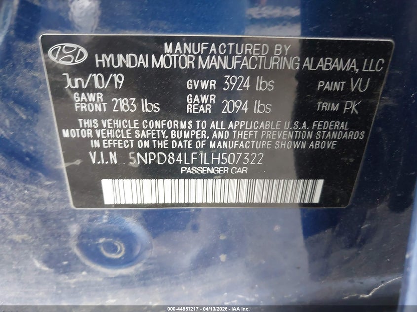 2020 Hyundai Elantra VIN 5NPD84LF1LH507322 IAAI salvage auction — FRONT END, Salvage Title, sold $2,275 on 2026-07-10 (photo 9)