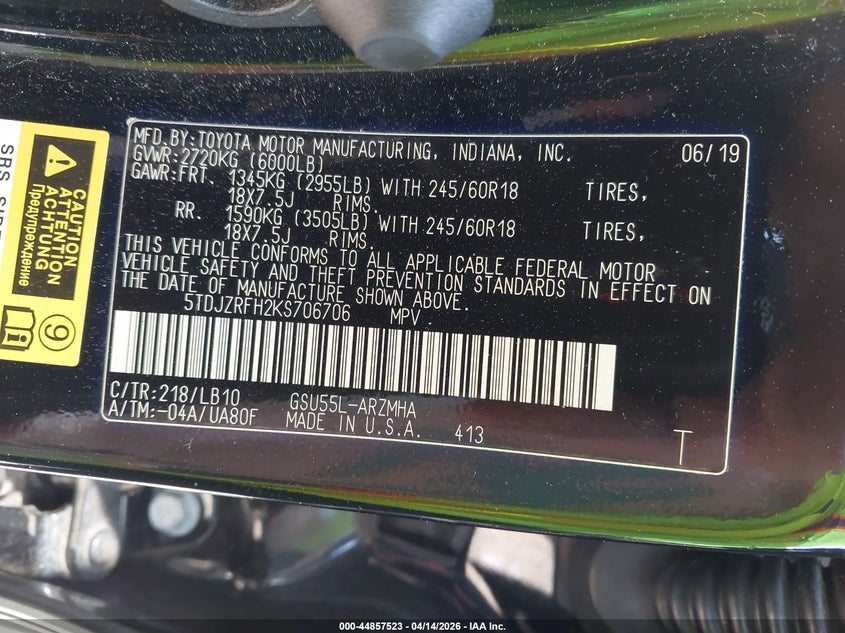 2019 Toyota Highlander VIN 5TDJZRFH2KS706706 IAAI salvage auction — RIGHT SIDE, Wait Title, sold $7,900 on 2026-07-30 (photo 9)