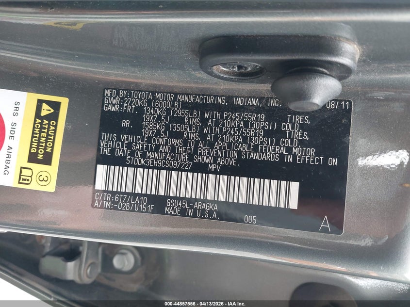 2012 Toyota Highlander VIN 5TDDK3EH9CS097227 IAAI salvage auction — FRONT END, Clear (Hawaii), sold $900 on 2026-07-28 (photo 9)