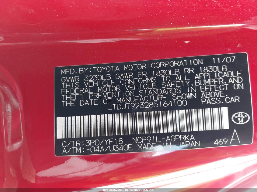 2008 Toyota Yaris VIN JTDJT923285164100 IAAI salvage auction — LEFT REAR, App For Dup Clear (California), sold $300 on 2026-07-29 (photo 9)
