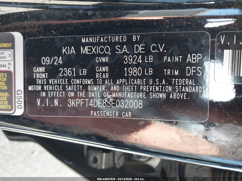 2025 Kia K4 VIN 3KPFT4DE8SE032008 IAAI salvage auction — RIGHT FRONT, Wait Title, sold $4,450 on 2026-07-12 (photo 9)