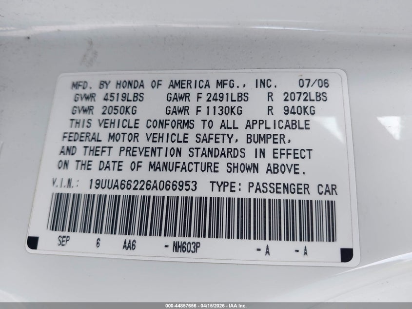 2006 Acura Tl VIN 19UUA66226A066953 IAAI salvage auction — Burn Engine, Salvage (California), sold $100 on 2026-07-21 (photo 9)