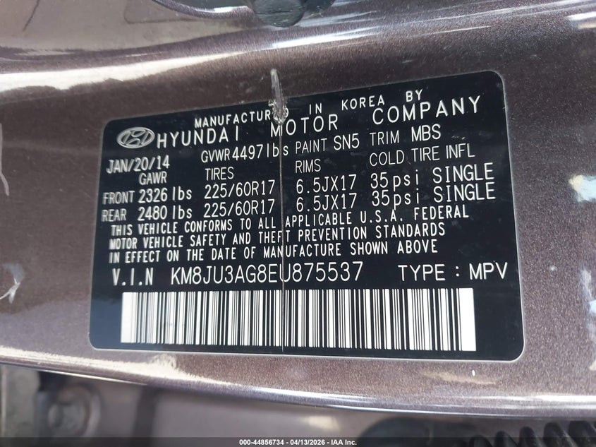 2014 Hyundai Tucson VIN KM8JU3AG8EU875537 IAAI salvage auction — THEFT, Wait Title, sold $1,550 on 2026-07-23 (photo 9)