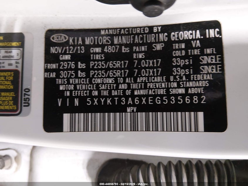 2014 Kia Sorento VIN 5XYKT3A6XEG535682 IAAI salvage auction — THEFT, Original (Alaska), sold $925 on 2026-07-24 (photo 9)