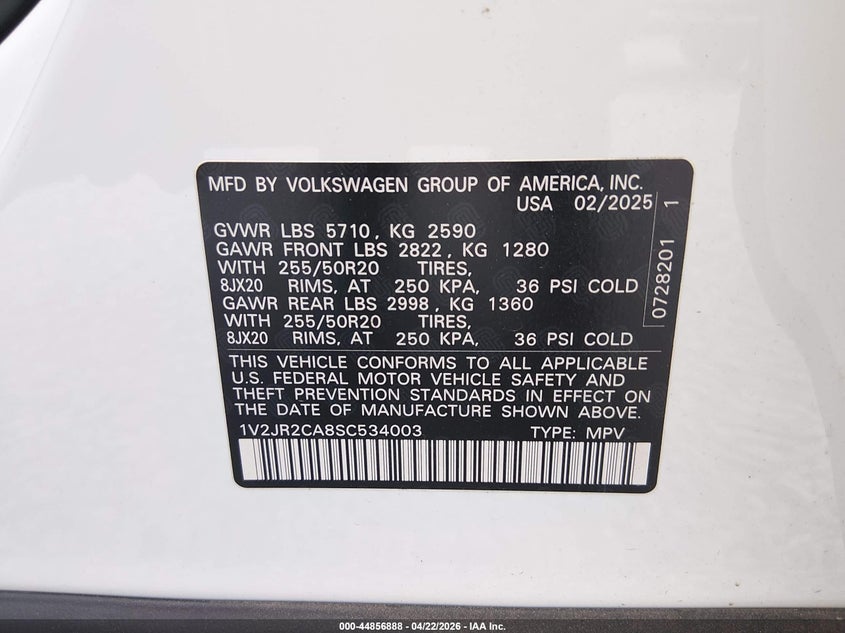 2025 Volkswagen Atlas VIN 1V2JR2CA8SC534003 IAAI salvage auction — FRONT END, Salvage (Alabama), sold $8,000 on 2026-07-30 (photo 9)