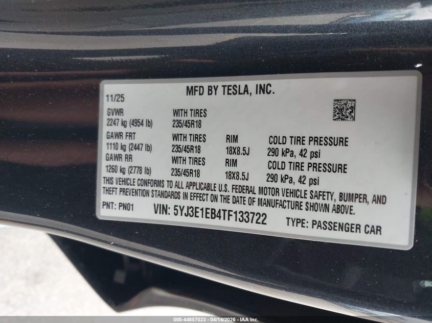 2026 Tesla Model 3 VIN 5YJ3E1EB4TF133722 IAAI salvage auction — FRONT END, Salvage (Oregon), sold $15,200 on 2026-07-09 (photo 9)