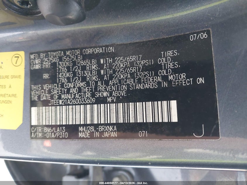2006 Toyota Highlander VIN JTEEW21A260033609 IAAI salvage auction — MECHANICAL, Bill Of Sale (Tennessee), sold $825 on 2026-07-13 (photo 9)