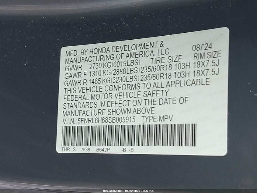2025 Honda Odyssey VIN 5FNRL6H68SB005915 IAAI salvage auction — LEFT FRONT, Salvage (Louisiana), sold $13,400 on 2026-07-29 (photo 9)
