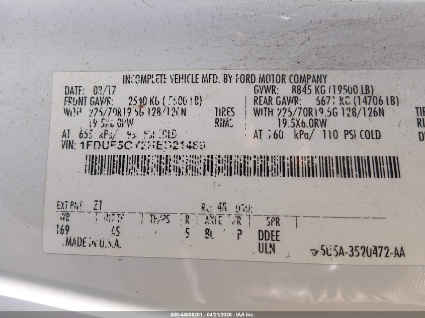 2017 Ford F550 VIN 1FDUF5GY2HED21489 IAAI salvage auction — NORMAL WEAR, Clear (Pennsylvania), sold $525 on 2026-07-22 (photo 8)