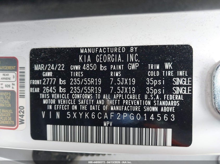 2023 Kia Sportage VIN 5XYK6CAF2PG014563 IAAI salvage auction — REAR END, Wait Title, sold $4,450 on 2026-07-30 (photo 9)