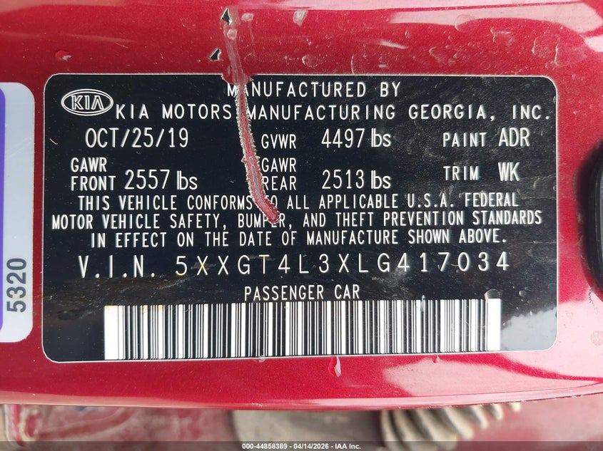 2020 Kia Optima VIN 5XXGT4L3XLG417034 IAAI salvage auction — FRONT END, Salvage (Arkansas), sold $1,800 on 2026-07-29 (photo 9)