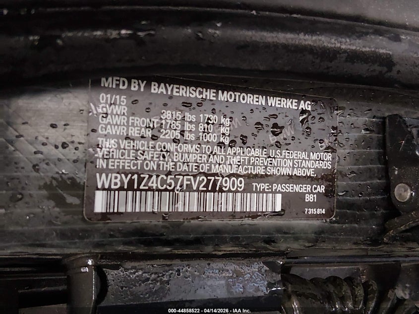 2015 BMW I3 VIN WBY1Z4C57FV277909 IAAI salvage auction — SIDE, Wait Title, sold $925 on 2026-07-22 (photo 9)