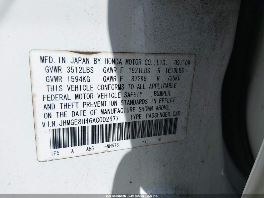 2010 Honda Fit VIN JHMGE8H46AC002677 IAAI salvage auction — THEFT, Clear (Montana), sold $450 on 2026-07-29 (photo 9)