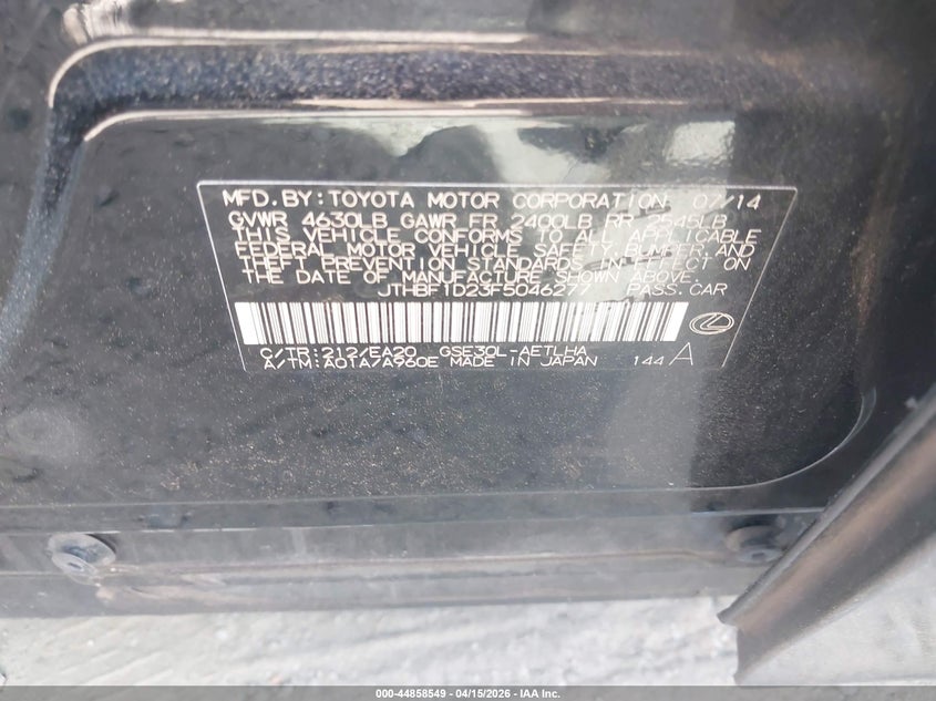 2015 Lexus Is VIN JTHBF1D23F5046277 IAAI salvage auction — ALL OVER, Wait Title, sold $675 on 2026-07-14 (photo 9)