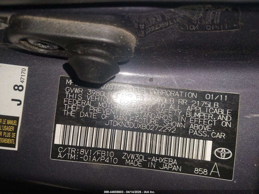 2011 Toyota Prius VIN JTDKN3DUXB0272292 IAAI salvage auction — RIGHT REAR, Salvage (Texas), sold $600 on 2026-07-29 (photo 9)
