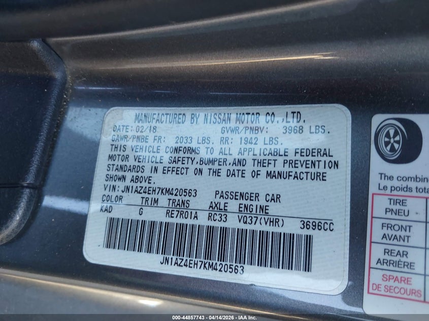 2019 Nissan 370z VIN JN1AZ4EH7KM420563 IAAI salvage auction — RIGHT SIDE, Wait Title, sold $2,800 on 2026-07-07 (photo 9)