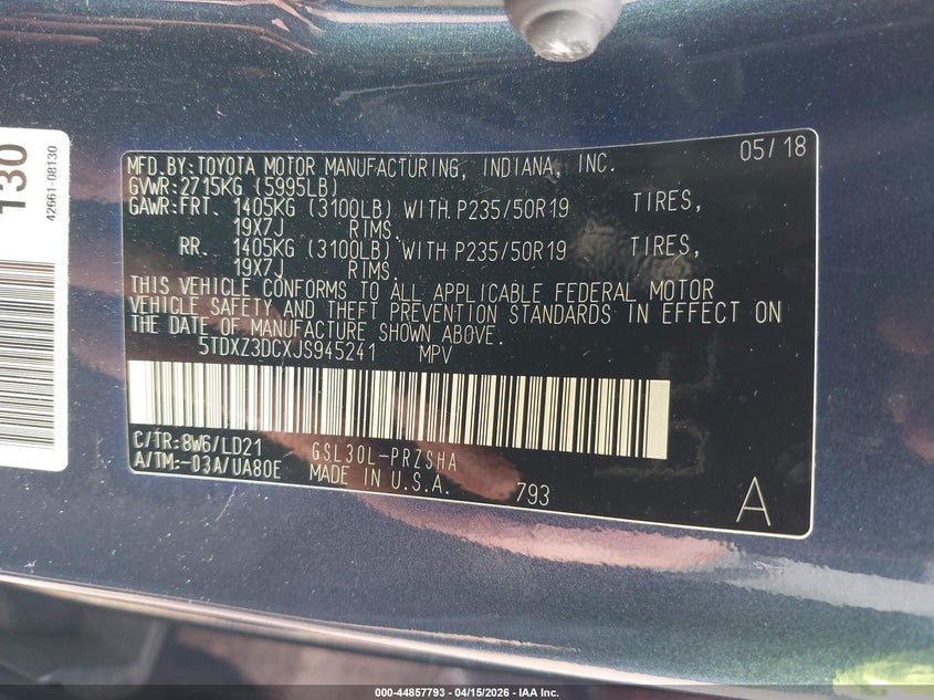 2018 Toyota Sienna VIN 5TDXZ3DCXJS945241 IAAI salvage auction — RIGHT FRONT, Salvage (Hawaii), sold $825 on 2026-07-28 (photo 9)
